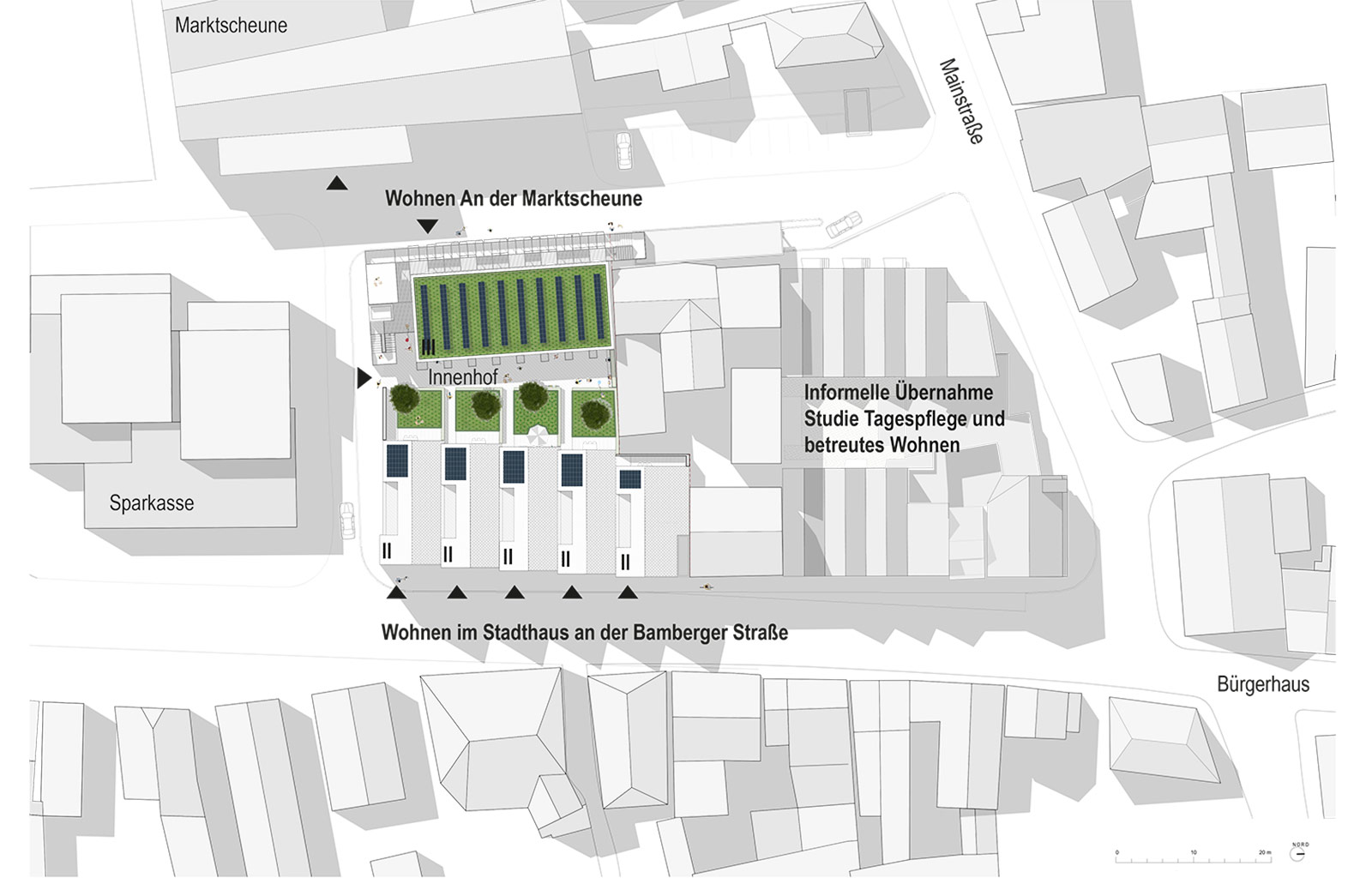 Machbarkeitsstudie zur Wohnüberbauung mit Gewerbeunterlagerung an der Marktscheune Hallstadt